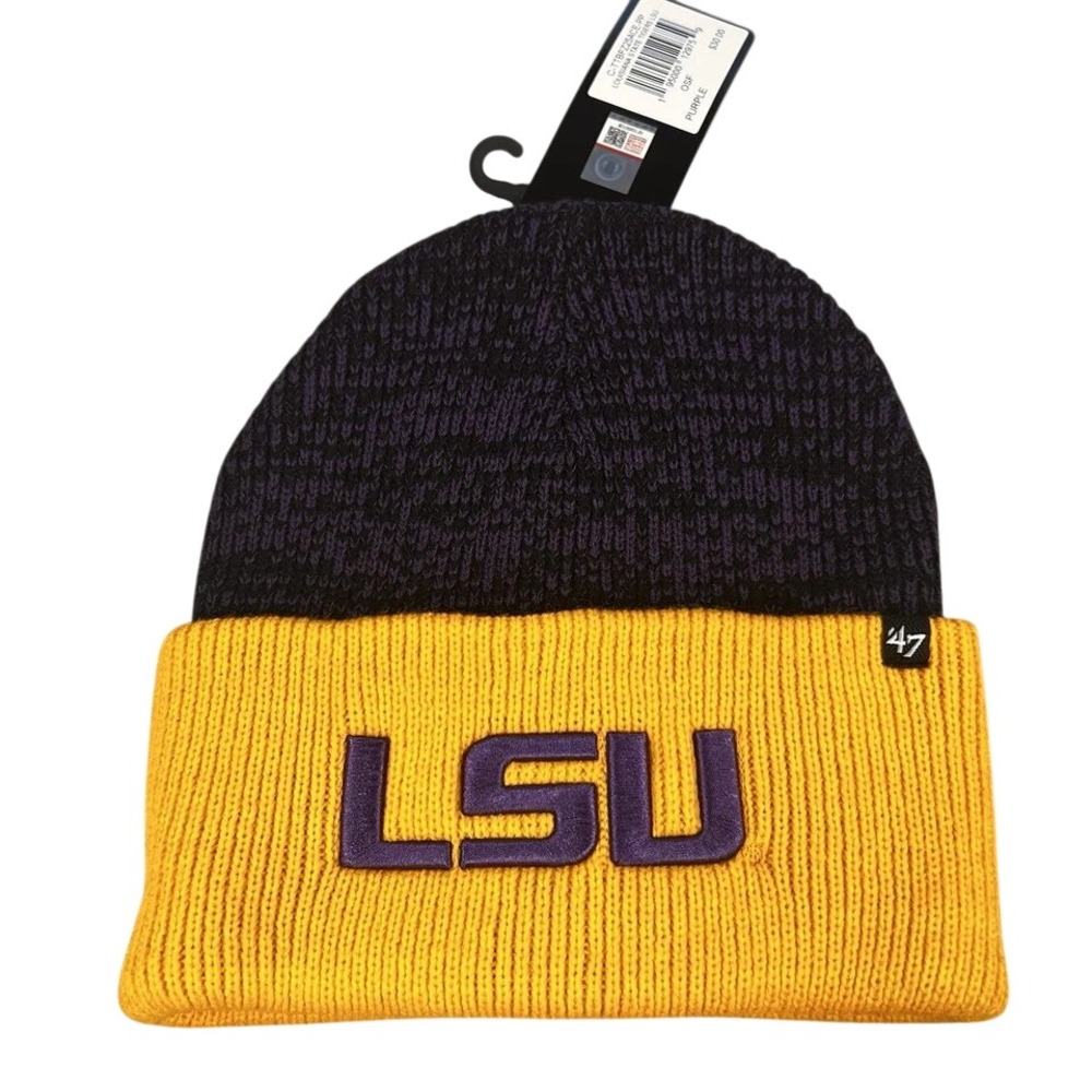 47 Brand LSU Tigers Beanie Hat Purple Gold Knit Cuffed LSU Logo One‎ Size New